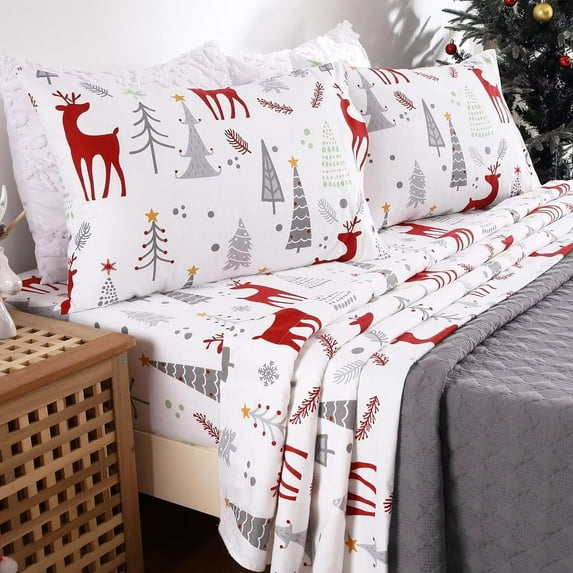 GlowSol Christmas Sheets King 100% Cotton Flannel Holiday Bed Sheet Set, Deep Pocket Fitted Sheet, Gray White Red Forest Deer