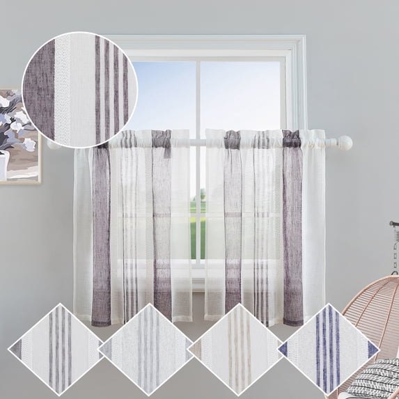 GlowSol Farmhouse Sheer Kitchen Curtain 36 inch Length Light Filtering Vertical Stripetier Kitchen Curtains for Bathroom, Purple, 2 Panels