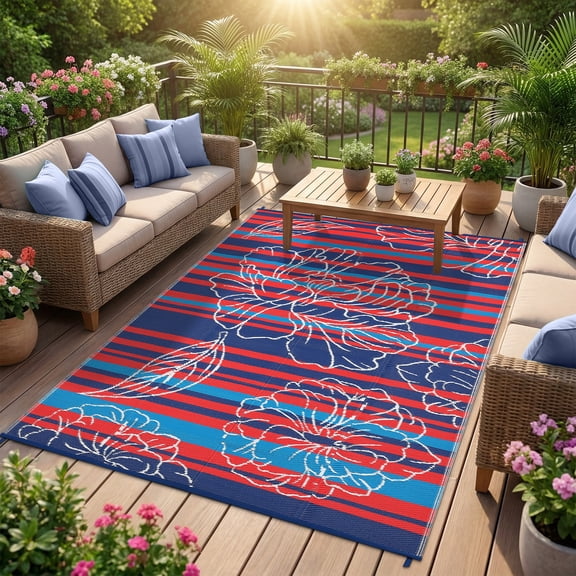 GlowSol Floral Outdoor Rug 8x10 Waterproof Machine Washable - Reversible Plastic Straw Patio Mat for Camping, RV, Deck, Backyard, Picnic, Beach