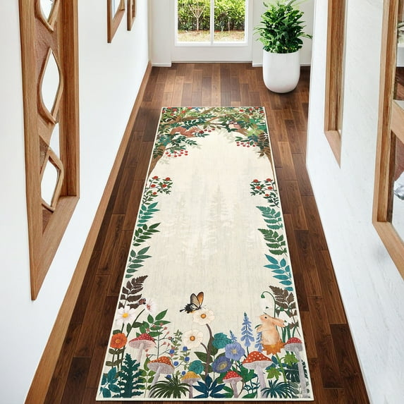 GlowSol Hallway Runner Rug 2'x6' Kitchen Washable Hallway Non-Slip Bedroom Runner Rug Animal Print Mushroom Forest Print Runners for Laundry, Beige