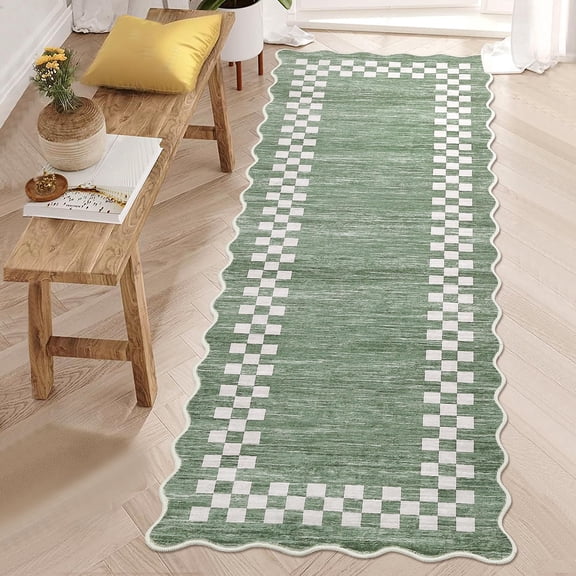 GlowSol Hallway Runner Rug 2x6 Non Slip Scalloped Washable Rug for Kitchen Entry Stain Resistant Modern Border Throw Floor Carpet Long Runner Mat for Bathroom Living Room Bedside, Green