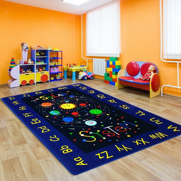 GlowSol Kids Play Rug Solar System Soft Plush Black Blue Area Rug, 5' x 7', Non-Slip Design