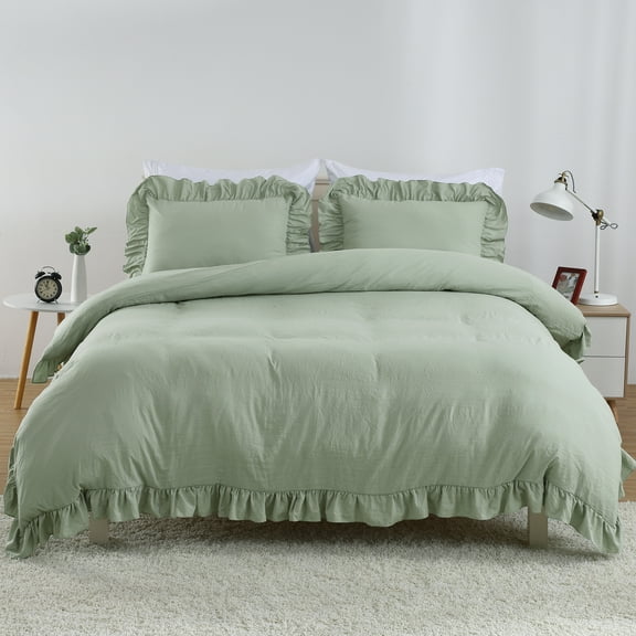 GlowSol King Size 3 Pcs Ruffle Duvet Cover Set Soft Washed Microfiber Solid Duvet Cover Set with Button Closure, Sage Green