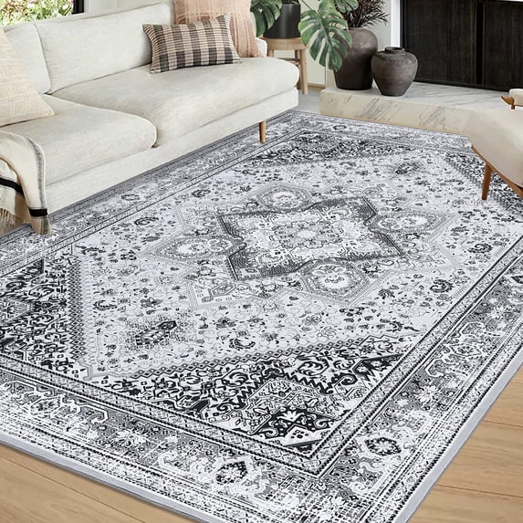 GlowSol Large Area Rug 9' x 12' Vintage Persian Living Room Bedroom Rug Non-Slip Low Pile Indoor Carpet Oriental Indoor Print Floor Carpet, Gray