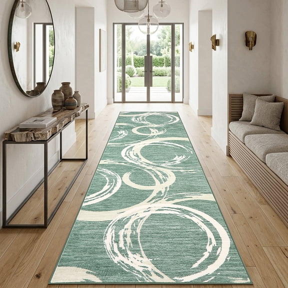 GlowSol Mid Century Modern Green Geometric Area Rug – Soft, Machine Washable, Mark Resistant Carpet for Living Room, Bedroom, Dining Room, Office – Green, 2x6