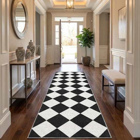 GlowSol Modern Black and White Checkered Rug Runner - Ultra Thin Non-Slip Diamond Design Carpet - Washable Mark Resistant Hallway, Kitchen, Bedroom, Entryway Runner - 2x6