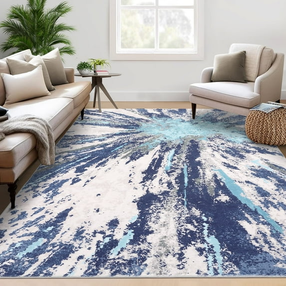 GlowSol Modern Washable Area Rug 4' x 6' Abstract Rug Soft Foldable Accent Rug for Living Room Home Floor Decor, Blue