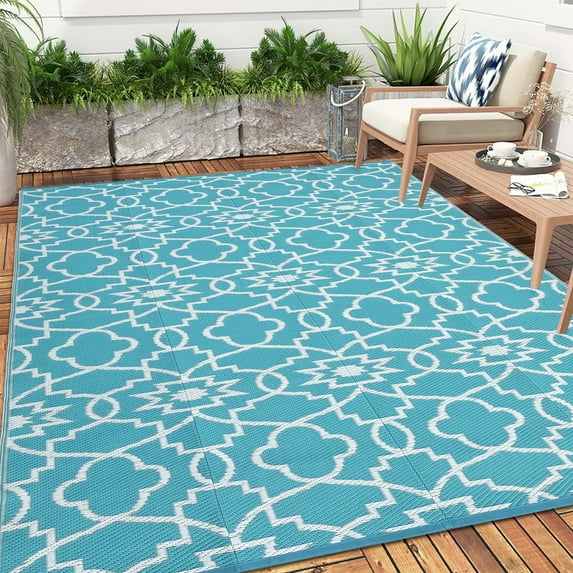 GlowSol Outdoor Rug 9'x12' Waterproof Reversible Plastic Straw Camping Carpet Large Modern Geometric Floral Area Rugs for Balcony Porch Beach, Light Blue White