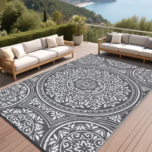 GlowSol Outdoor Rug 9x18 Vintage Floral Reversible PP Woven Mat Bohemian Patio Carpet for Patio Deck Garden Camping RV, Gray White