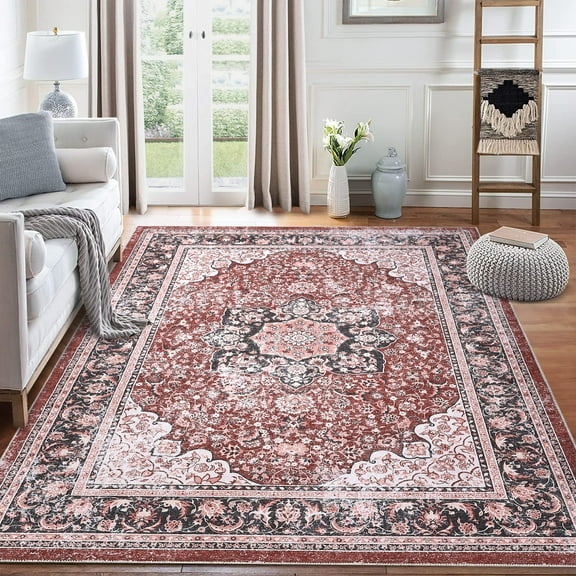 GlowSol Persian 5x7 Rug Machine Washable Area Rug Vintage Distressed Rug Medallion Floral Non-Slip Rug Soft Thin Rug for Dining Room Home Office, Red