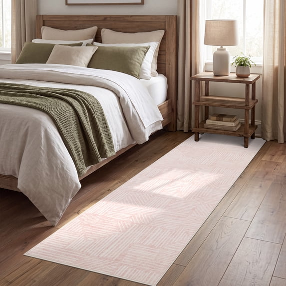 Pink Rug Room GlowSol Pink Modern Geometric Line Runner Rug, Non Slip Machine ...