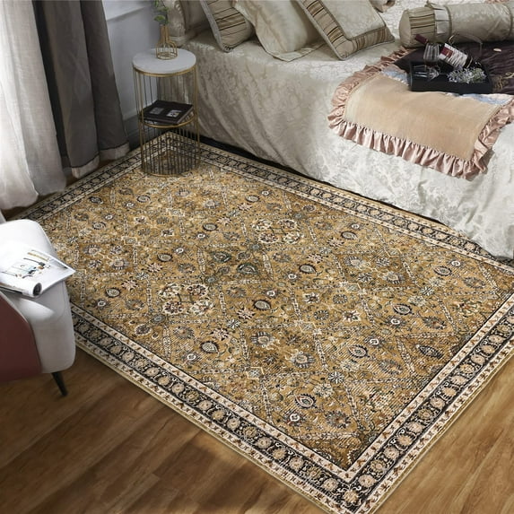 GlowSol Rug for Living Room 5'x7' Washable Rug Moroccan Trellis Rug Indoor Boho Floral Distressed Throw Carpet Home Decor, Yellow/Brown