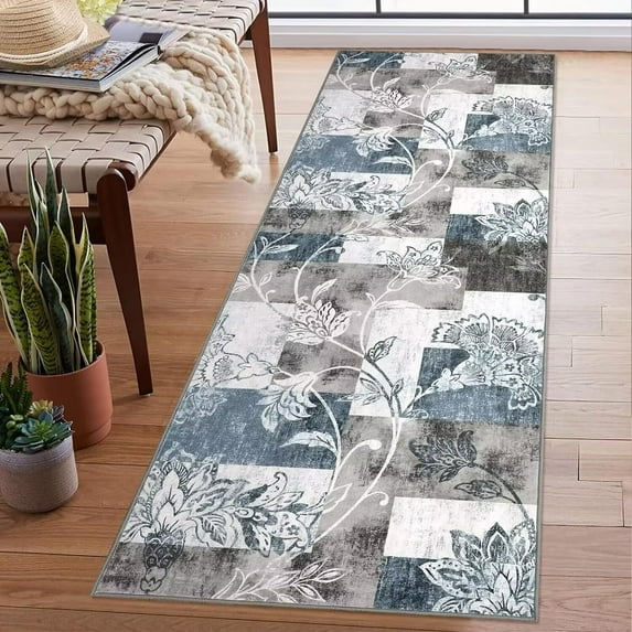 GlowSol Runner Rugs 2x6 Bathroom Rug Machine Washable Rugs Farmhouse Floral Rug Contemporary Non Slip Kitchen Rug for Laundry Room, Blue Gray