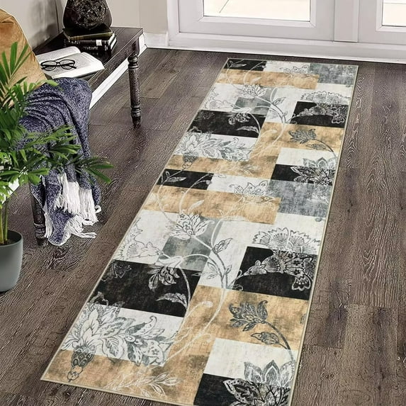 GlowSol Runner Rugs 2x8 Bathroom Rug Machine Washable Rugs Farmhouse Floral Rug Contemporary Non Slip Kitchen Rug for Laundry Room, Light Brown