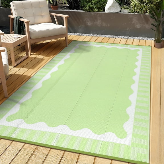 GlowSol Scalloped Outdoor Rug 8x10 Waterproof Reversible - Modern Woven Plastic Straw Patio Mat with Bordered Design, Foldable Camping & RV Carpet for Backyard Deck Balcony Picnic Beach,Green White
