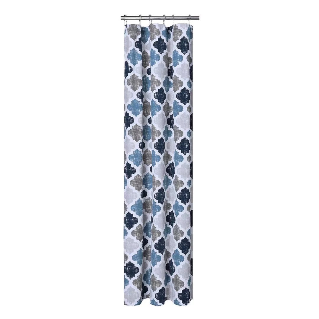 Navy Blue Gray Geometric Quatrefoil Cotton Blend Shower Curtain 35"W x 72"L