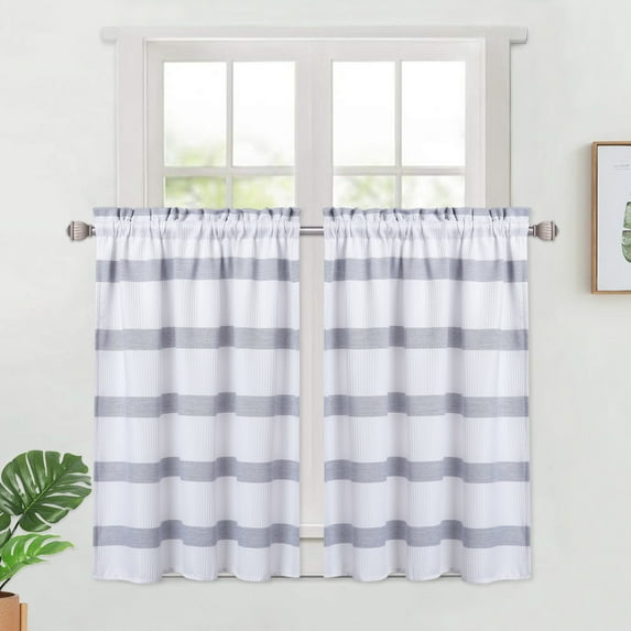 GlowSol Striped Cafe Curtains 30"W x 24"L Farmhouse Waffle Weave Textured Light Filtering Small Window Treatment Set for Kitchen, Navy Blue, 2 Panels