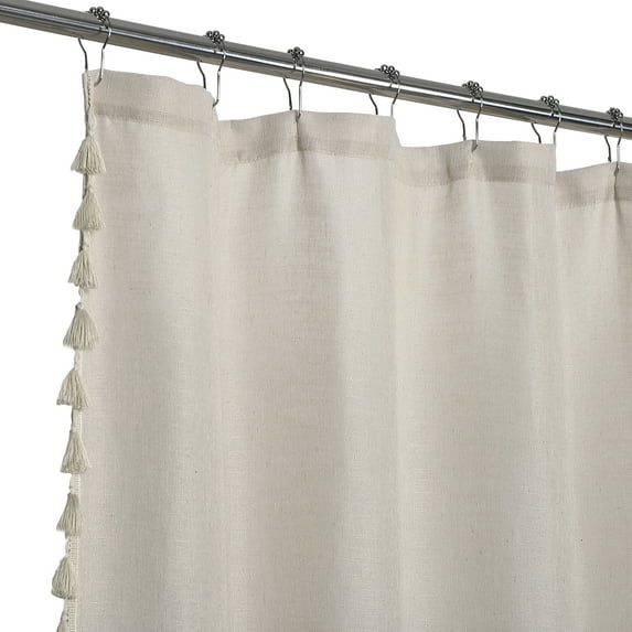 GlowSol Taupe Tassel Shower Curtain Modern Farmhouse Linen Blend Fabric Shower Curtain with Vintage Boho Chic Tassles