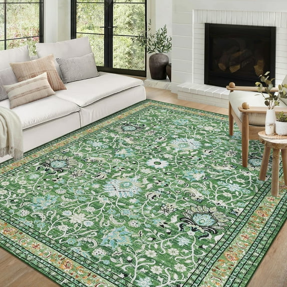 GlowSol Vintage Area Rug 8'x10' Floral Bohemian Stain-Resistant Area Rug Washable Soft Foldable Accent Carpet for Dining Room Home Office, Green