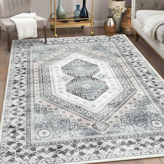 GlowSol Vintage Boho 9'x12' Washable Large Rugs Persian Distressed Area Rug Stain Resistant Non-Slip Rugs for Living Room Bedroom, Beige Gray