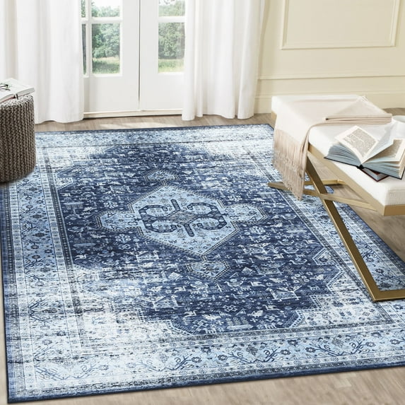 GlowSol Vintage Boho 9'x12' Washable Large Rugs Persian Medallion Distressed Area Rug Stain Resistant Non-Slip Rugs for Living Room Bedroom, Navy Blue