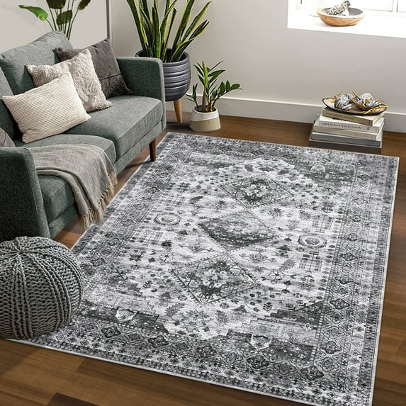 GlowSol Vintage Boho Area Rug 9'x12' Washable Large Rugs for Living Room Soft Non-Slip Bedroom Rug Distressed Tribal Carpet Low Pile Rug, Gray Black
