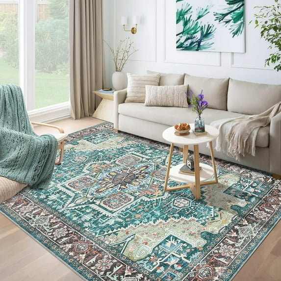 GlowSol Vintage Floral Area Rug 4' x 6' Medallion Rug for Living Room Bedroom Non-Slip Stain Resistant Carpet Aesthetic Bedside Rug Home Decor Rug, Green