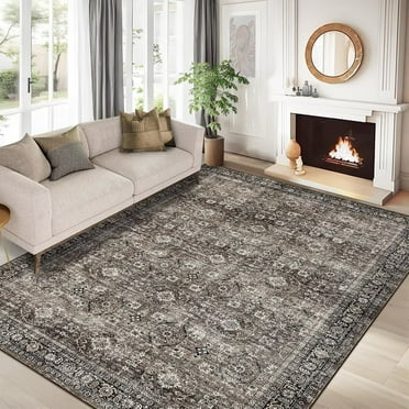 GlowSol Vintage Floral Rug 9' x 12' Washable Area Rug Non Shedding Stain Resistant Carpet for Dining Room Home Office, Brown