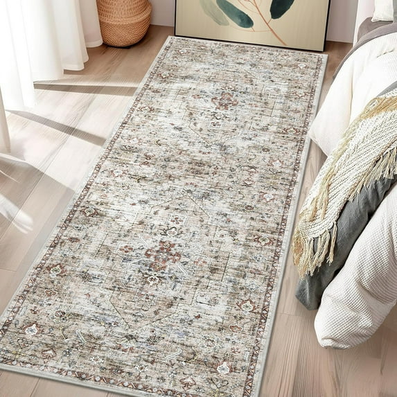GlowSol Vintage Hallway Runner Rugs 2' x 6' Runner Rug Non-Slip Bedside Rug Soft Faux Wool Rug for Laundry Kitchen, Brown