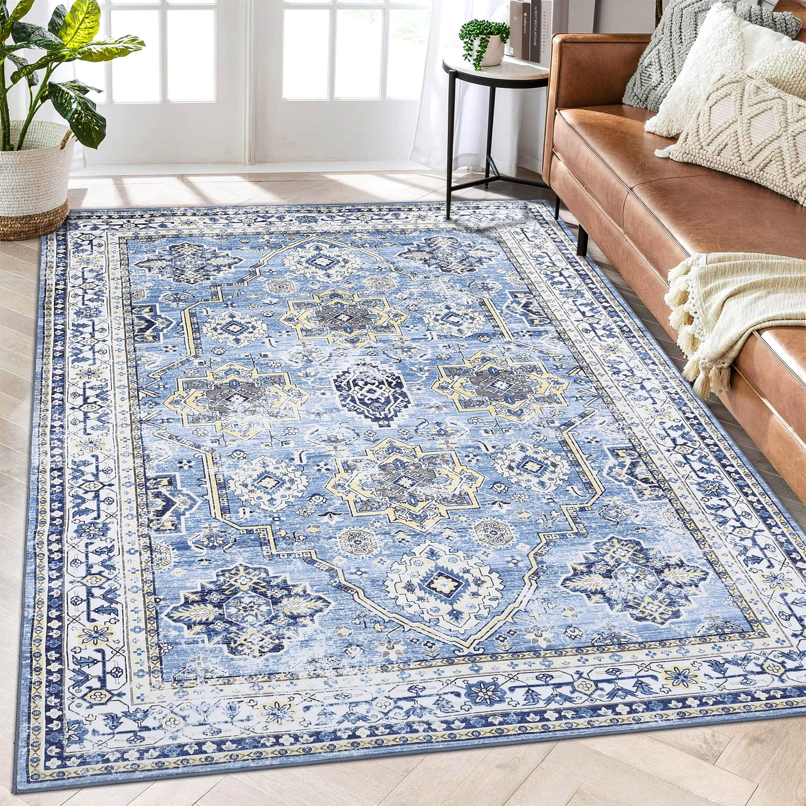 Blue Floral Synthetic 8' x 10' Washable Area Rug