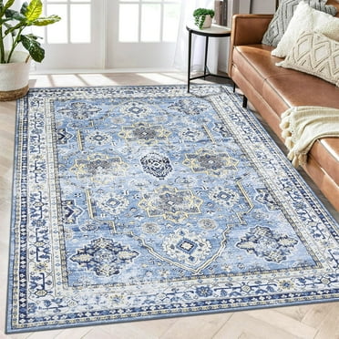 GlowSol Vintage Washable Rug 8'x10' Large Floral Bohemian Area Rug Oriental Soft Foldable Non-Shedding Carpet for Dining Room Home Office, Blue Gray