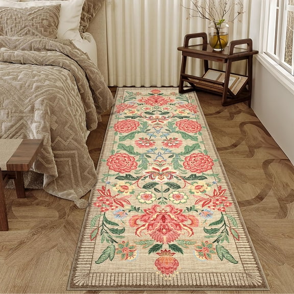 GlowSol Washable 2x6 Floral Hallway Runner Ultra Thin Non Slip Botanical Print Kitchen Rugs Retro Accent Indoor Carpet Runner for Laundry Bathroom Bedroom Low Pile Entryway Mat, Taupe