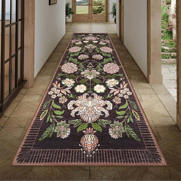 GlowSol Washable 2x6 Floral Ultra Thin Non Slip Botanical Print Kitchen Rugs Retro Accent Indoor Carpet Runner for Laundry Bathroom Bedroom Low Pile Entryway Mat, Black Purple