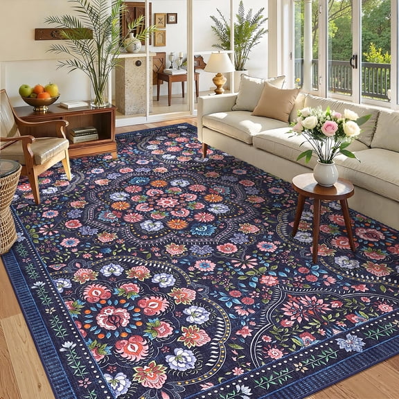 GlowSol Washable 5x7 Area Rug - Non Slip Soft Fine Yarn Printed with Mandala Pattern for Bedroom Laundry Kitchen, Dark Blue