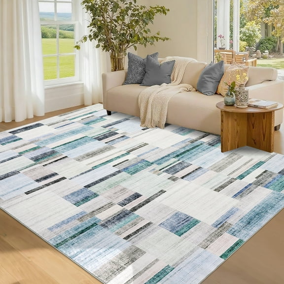 GlowSol Washable 8'x10' Geometric Rugs for Living Room Bedroom Modern Soft Non Slip Low Pile Farmhouse Area Rugs, Blue