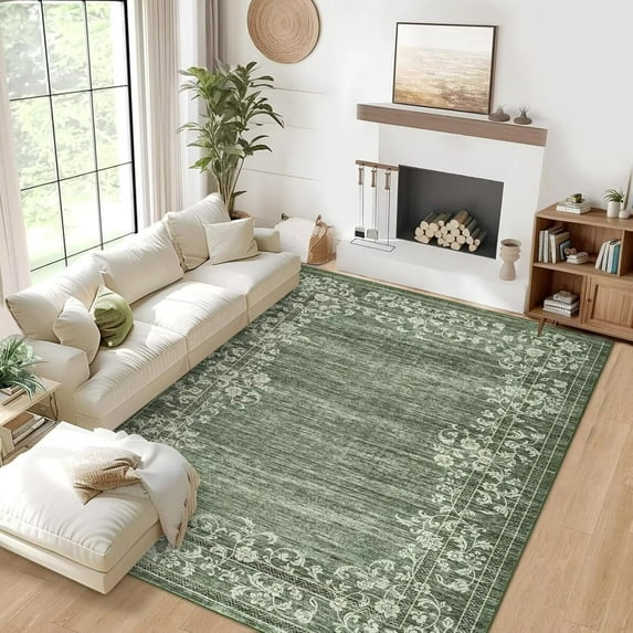 GlowSol Washable Area Rug 10' x 13' Modern Floral Border Rug Non Slip Non Shedding Throw Rugs for Living Room Bedroom, Green