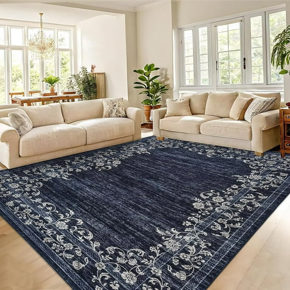 GlowSol Washable Area Rug 5' x 7' Modern Floral Border Rug Non Slip Non Shedding Throw Rugs for Dorm, Blue