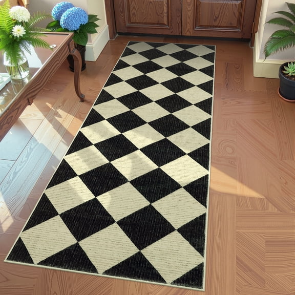 GlowSol Washable Camel Checkered Rug Runner - Soft Diamond Design Non-Slip Carpet - Thin, Mark Resistant Floor Mat for Hallway, Kitchen, Entryway, Bedroom - 2x6, Black Coffee