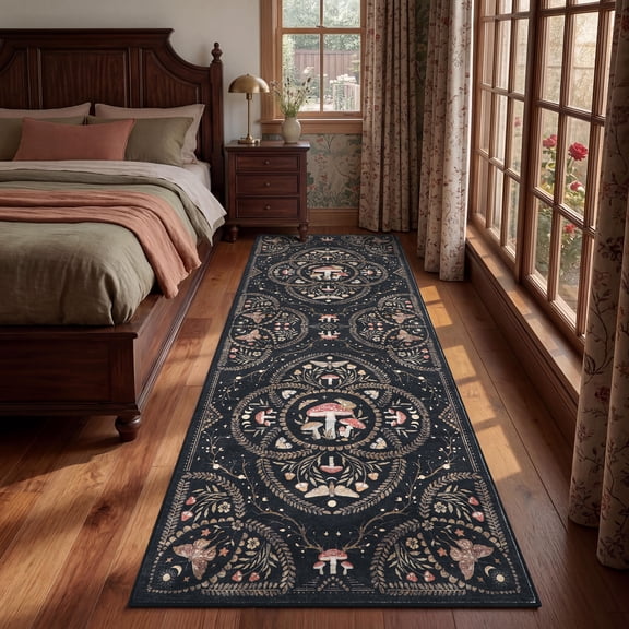 GlowSol Washable Non-Slip Low-Pile Runner Rug, Mushroom Gothic Dark Academia Celestial Design - Soft Compact Mark-Resistant Hallway Floor Carpet for Entryway, Kitchen, Bedroom - Black Brown, 2x6