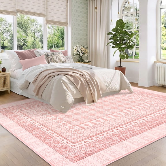 GlowSol Washable Pink Area Rug 5x7 - Non Slip Boho Carpet, Machine Washable Living Room Bedroom Dining Mat
