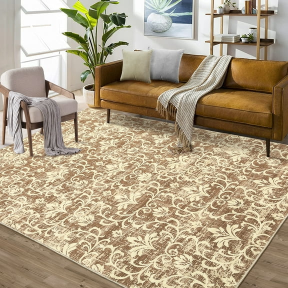 GlowSol Washable Rugs for Living Room 9' x 12' Vintage Rug Damask Floral Area Rug Farmhouse Non Slip Stain Resistant Carpet for Bedroom, Khaki