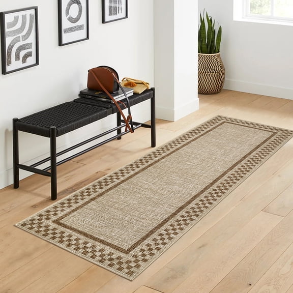 GlowSol Washable Runner Rug 2x6 Modern Bordered Hallway Runner Non Slip, Soft Washable Kitchen Rug, Low Pile Non Shedding Entryway Mats, Neutral Checkered Printed Carpet for Bedside Laundry, Khaki