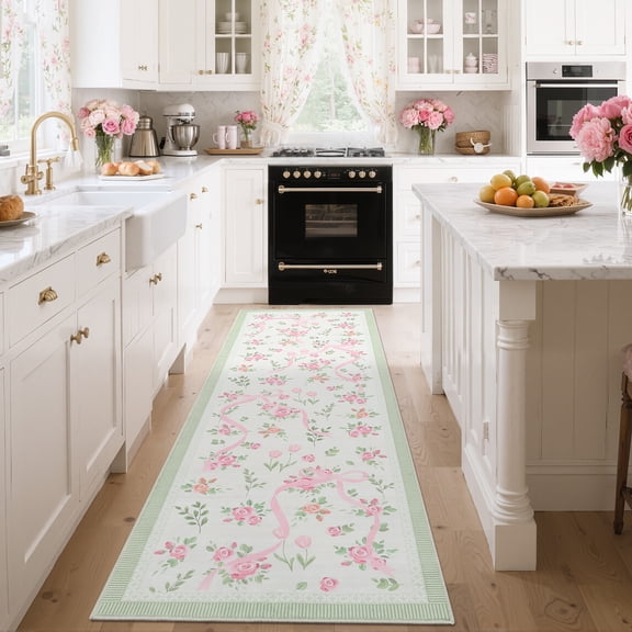 GlowSol Washable Runner Rug – Non-Slip Soft Low Pile Carpet, Floral Bow Botanical, Cute Accent – Hallway, Kitchen, Entry, Bedroom, Nursery – Green Powder, 2x6ft
