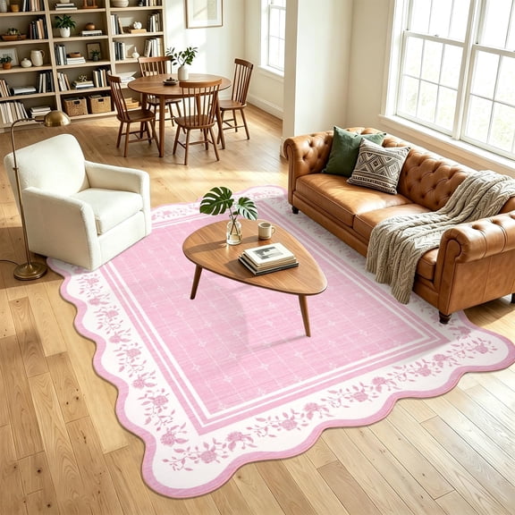 GlowSol Washable Scalloped Edge Area Rug - Non-Slip Low-Pile, Collapsible Thin Carpet for Living Room, Bedroom, Nursery & Kids Room - Pink, 5x7