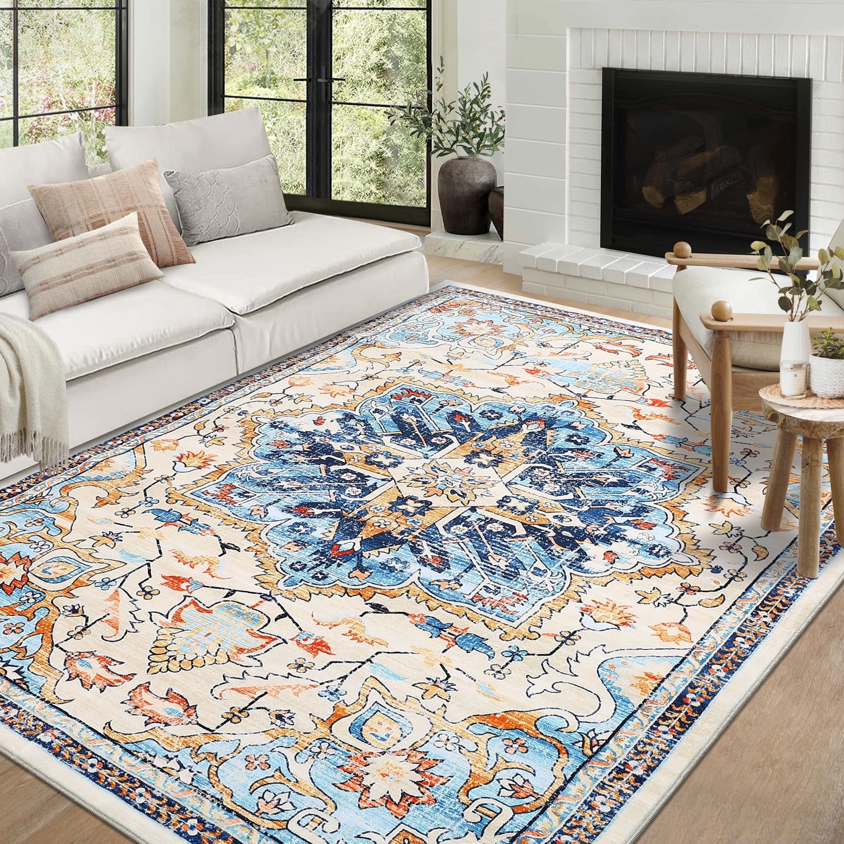 Foldable Cotton Rug GlowSol Washable Vintage Rug 8'x10' Traditional Persian Floral Print ...