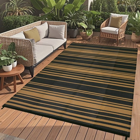 GlowSol Waterproof Outdoor Rug 9'x12' Modern Geometric Reversible Outdoor Plastic Straw Rug for Patio Camping Picnic Beach Deck Backyard, Black Brown