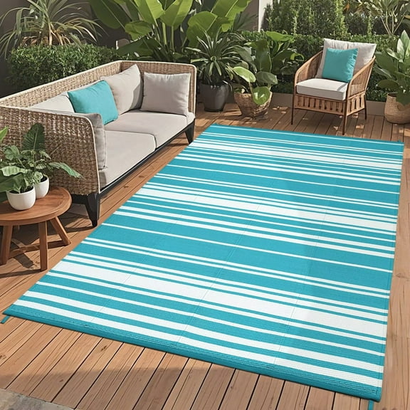 GlowSol Waterproof Outdoor Rug 9'x12' Modern Geometric Reversible Outdoor Plastic Straw Rug for Patio Camping Picnic Beach Deck Backyard, Light Blue