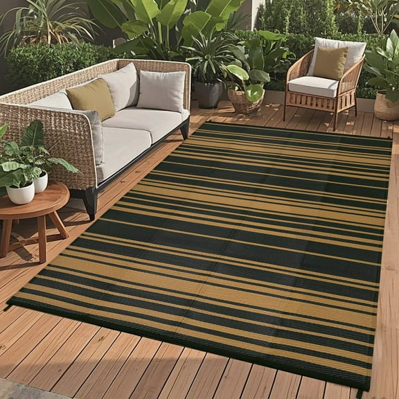 GlowSol Waterproof Outdoor Rug 9'x18' Modern Geometric Reversible Outdoor Plastic Straw Rug for Patio Camping Picnic Beach Deck Backyard, Black Brown