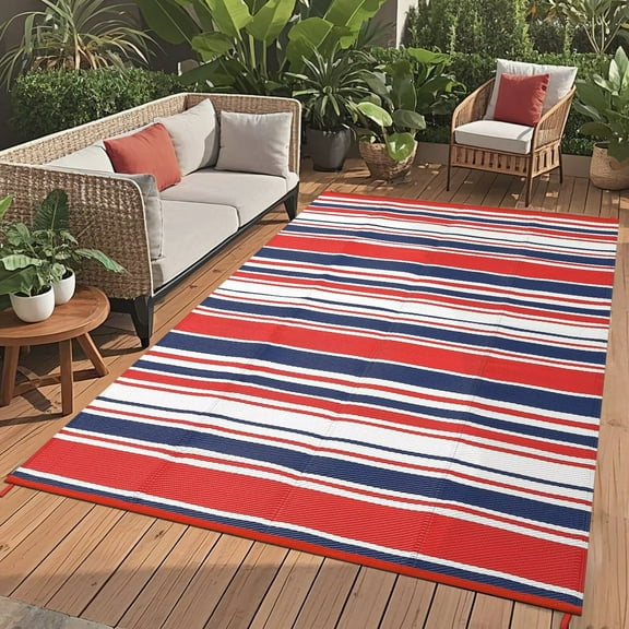 GlowSol Waterproof Outdoor Rug 9'x18' Modern Geometric Reversible Outdoor Plastic Straw Rug for Patio Camping Picnic Beach Deck Backyard, Red/Navy
