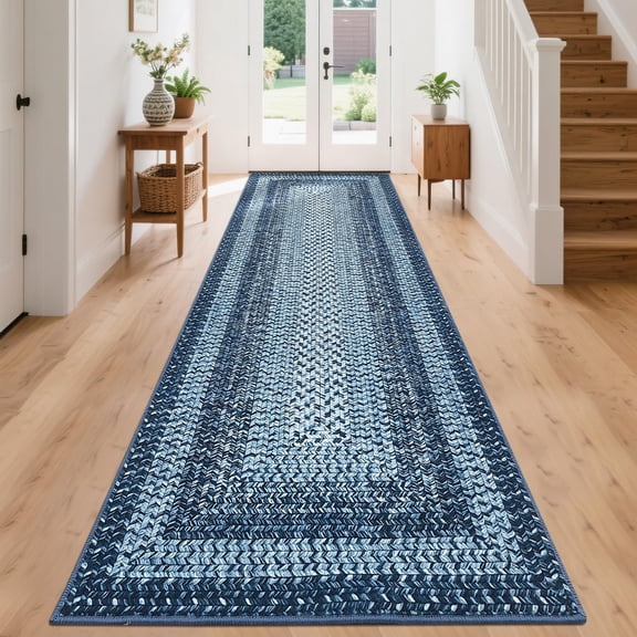 GlowSol Woven Runner Rug 2x6, Washable Low-Pile Navy Blue Indoor Carpet with Non-Slip Backing for Hallway, Kitchen, Entryway, Gray Blue